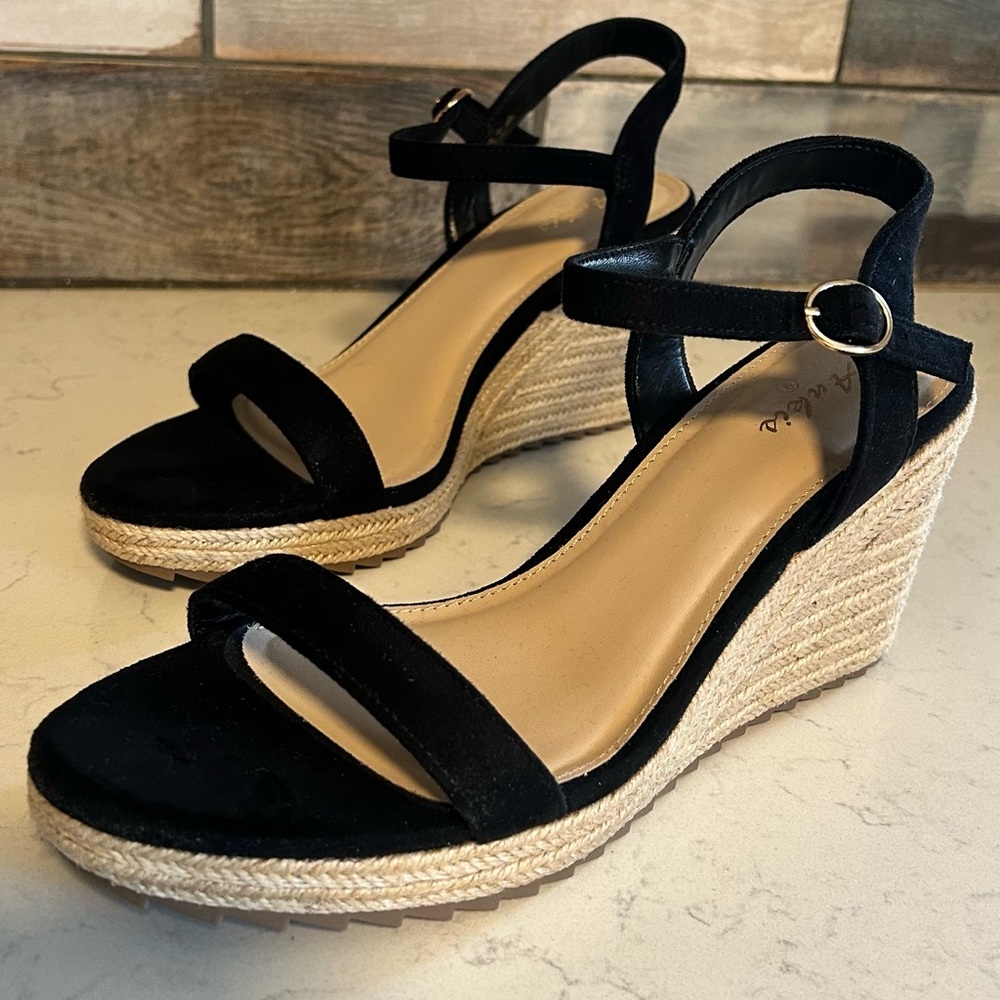 NWOT Platform Wedge Espadrille Black Faux Suede Open Toe Sandals - Picture 7 of 16